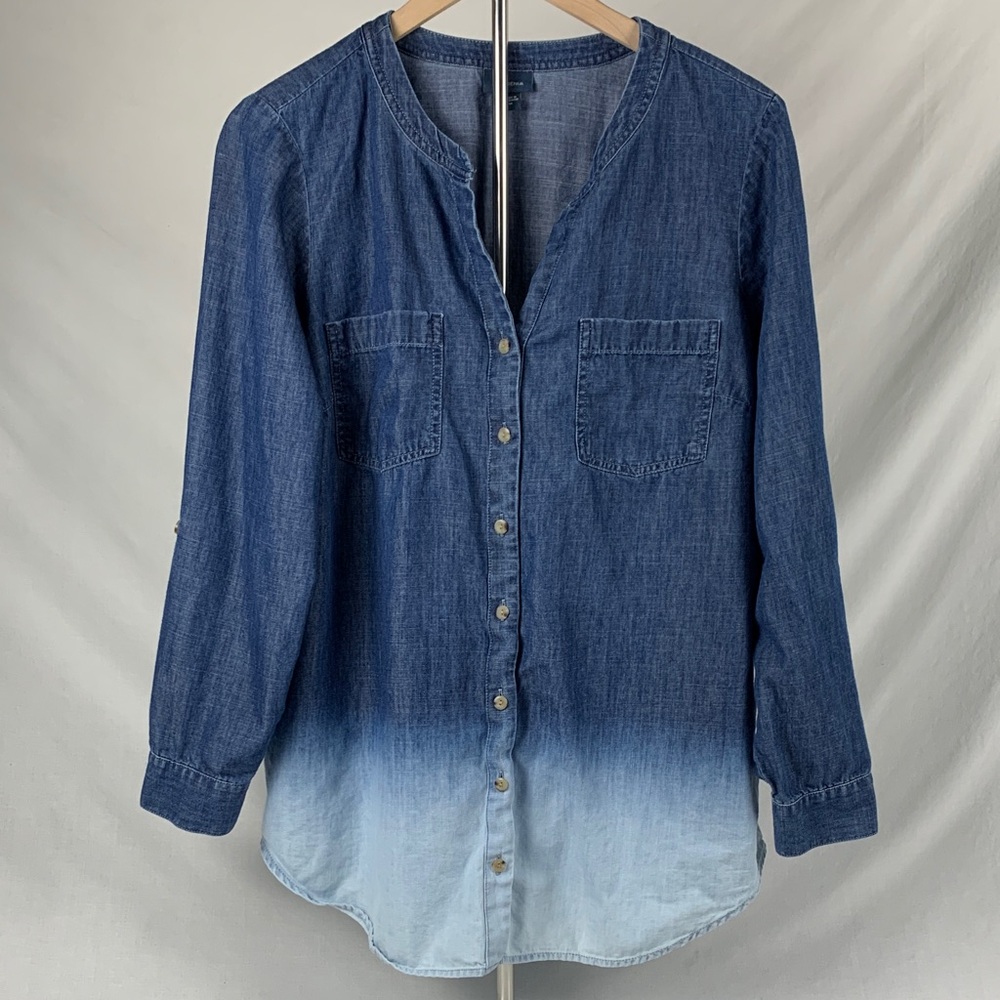 J. Jill Chambray Denim Ombre Button Down Shirt Split V Neckline Size M